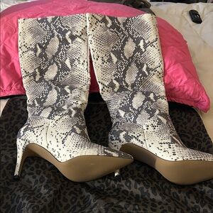Express Snakeskin Heeled Boots - Black and Cream